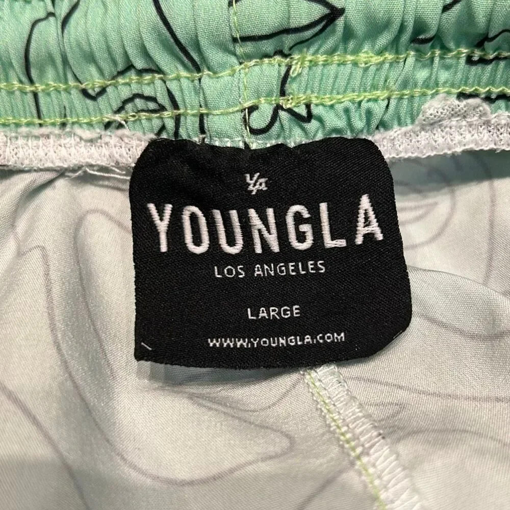 YoungLA Mint Green Abstract Face Line Art Swim Shorts Sz Large *NO MESH LINING*
